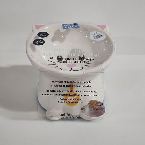 Nice Paws Ceramic Tilted And Elevated Kitty Cat Food Bowl‎ White 4"Hx5"W - Picture 9 of 11